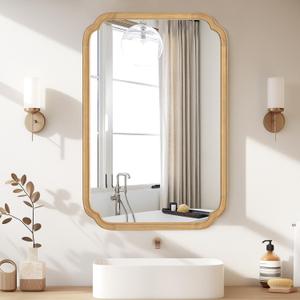 HOMECOOKIN Wood Bathroom Mirror for Wall Decor Arched Rounded Corner Rustic Wood Frame Wall Mirror Home Decorative for Vanity, Living Room, Bedroom, Entryway (24 x 36 inch, Natural)