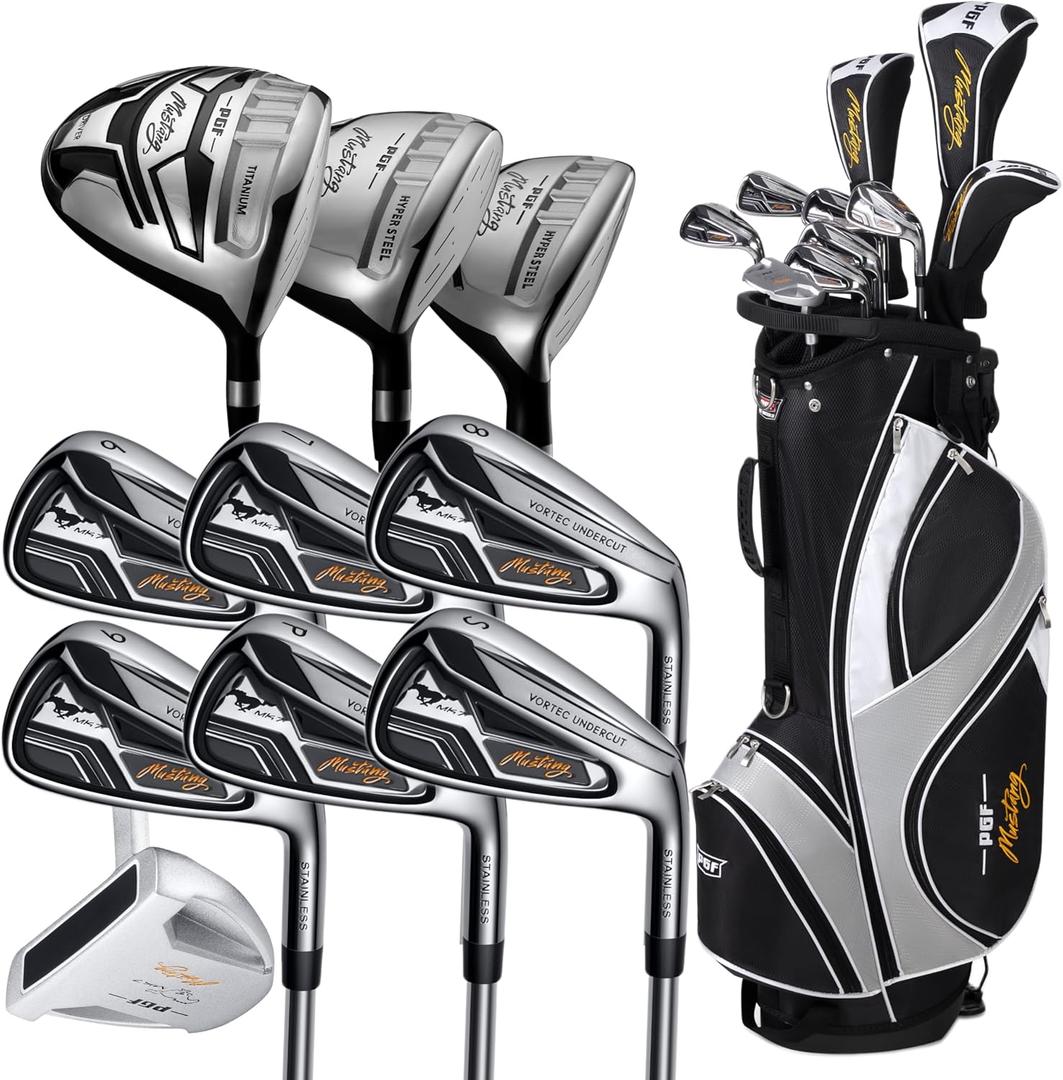 PGF Men's Mustang MK7 Complete Golf Club Package Set [Hand: Left] [Length: Standard] [Flex:Regular][14-Pieces]