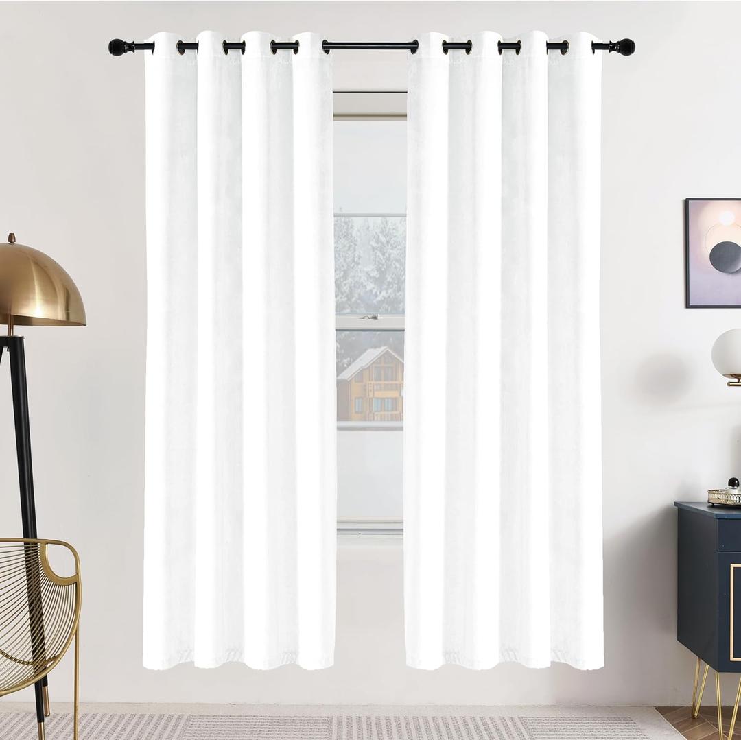 SNITIE White 72in Long Velvet Curtains with Grommet, Super Soft Thermal Insulated Noise Reducing Thick Light Filtering Velvet Drapes for Living Room and Bedroom, Set of 2 Panels, 52 x 72 Inch Long