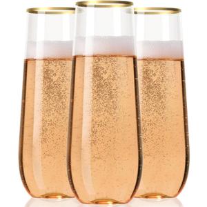 30 Plastic Stemless Champagne Flutes - Disposable Unbreakable 9 Oz toasting glasses, With Gold rim | Reusable, Clear, Fancy & Shatterproof Champagne Glasses - Ideal for Weddings, Birthdays, Parties