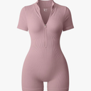 OQQ Women Rompers Ribbed Short Sleeve Zip Front Stretch Tummy Control Yoga Workout Rompers S