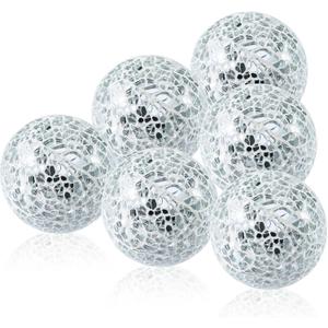 2.5 Inch Silver Mosaic Glass Balls 6 PCS Small Decorative Orbs Set Crack Solid Spheres Globe for Dining Table Centerpieces Bowls Tray Wedding Bedroom Ornaments
