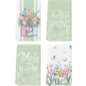 Artoid Mode Green Tulip Violets Flowers Spring Kitchen Towels Dish Towels, 18x26 Inch Farmhouse Decoration Hand Towels Set of 4