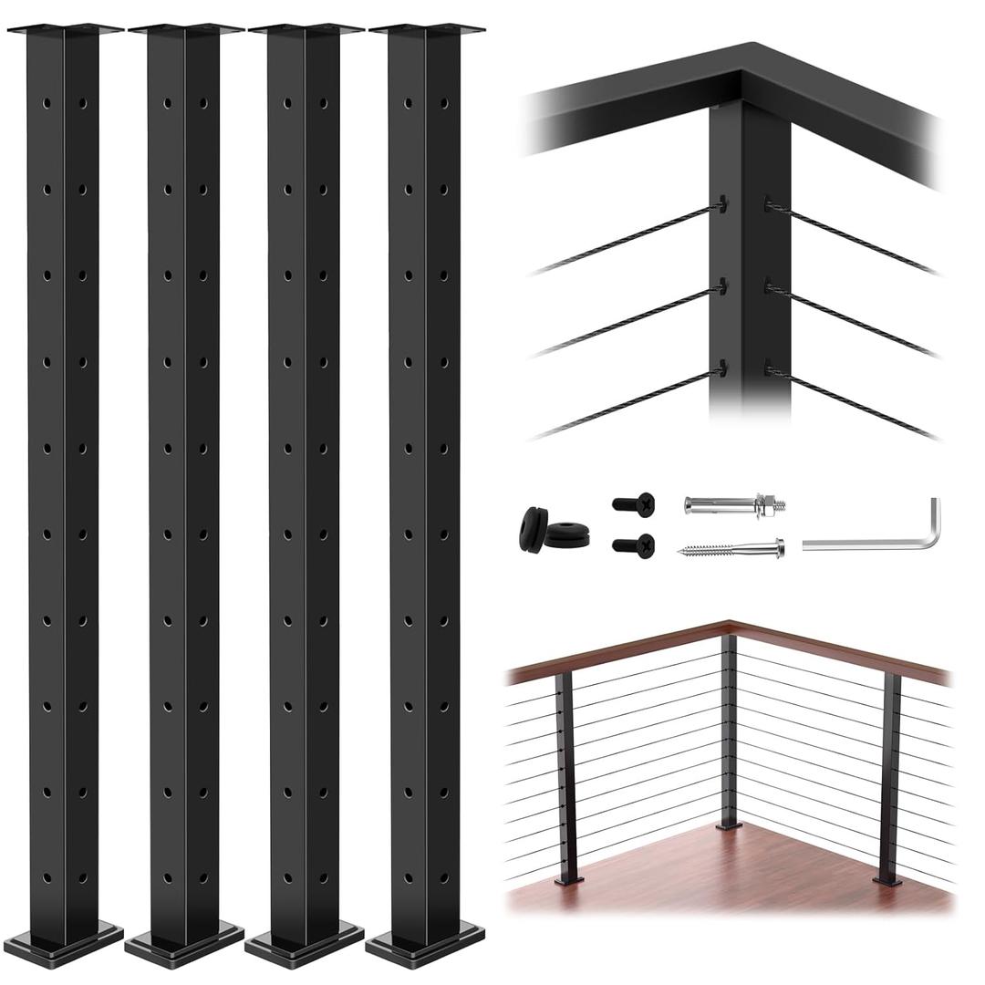 4Pack 36" T304 L-drilled Cable Railing Corner Post(Post 35"x2"x2"), Wire Railing Post with Cable Grommets, Fixed Top Mount Stainless Steel Black Finish Deck Staircase Post
