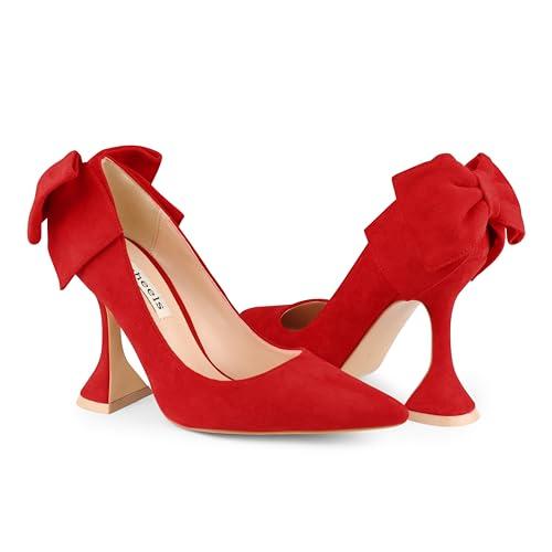 Zzheels Women's Bow High Heels Closed Toe Heels with Bow Chunky Heels Bridal Wedding Shoes Red Suede US6 Size 9