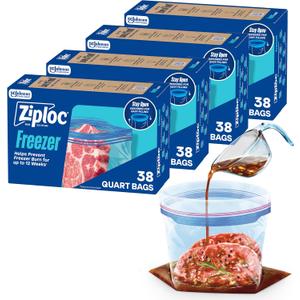 Ziploc Quart Food Storage Freezer Bags, 152ct Total, Stand-Up Bottom, Easy to Fill, 38 Count, 4 Pack