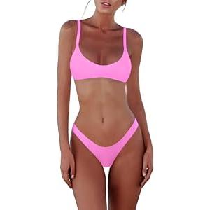 SherryDC Women's Solid Scoop Neck Push Up Padded Brazilian Thong Bikini Swimsuit, Size: Medium