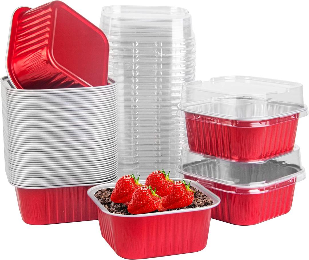 50 Pcs Mini Square Baking Cups with Lids, 5oz Aluminum Foil Mini Cake Pans with Lids, Disposable Ramekins Cake Pans, 150ml Dessert Cups Cupcake Pans for Wedding Birthday Party, Red
