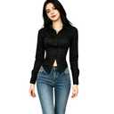 Slim Fitting Sexy Long Sleeved Shirt with Row Collar and Button Pleated Waist for Women's Shirt (US, Alpha, Small, Regular, Regular, Khaki)