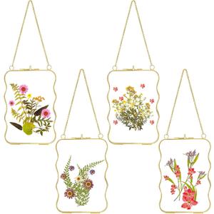 CroBlissful 4 Pcs Pressed Flower Frames 4x6 Inches Double Glass Flower Frames Spring Room Decor Picture Brass Floating Clear Wildflower Plants Wall Hanging Decor with Locket Chain for DIY Artwork