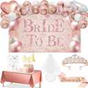54Pcs Bridal Shower Decorations with Rose Gold Bride to Be Banner, Balloons, Crown, Sash and Veil, Tablecloth, Tattoos and Cake Toppers, Bachelorette Party Decorations Accessories