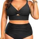 Daci Plus Size Two Piece Swimsuits - Women High Waisted Bikini Tummy Control Bathing Suits Knot Twist Swimwear 2025, Size: 20W, Black