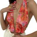 GORGLITTER Women's Floral Halter Top Y2k Mesh Ruffle Tie Backless Sleeveless Going Out Crop Tops (M)