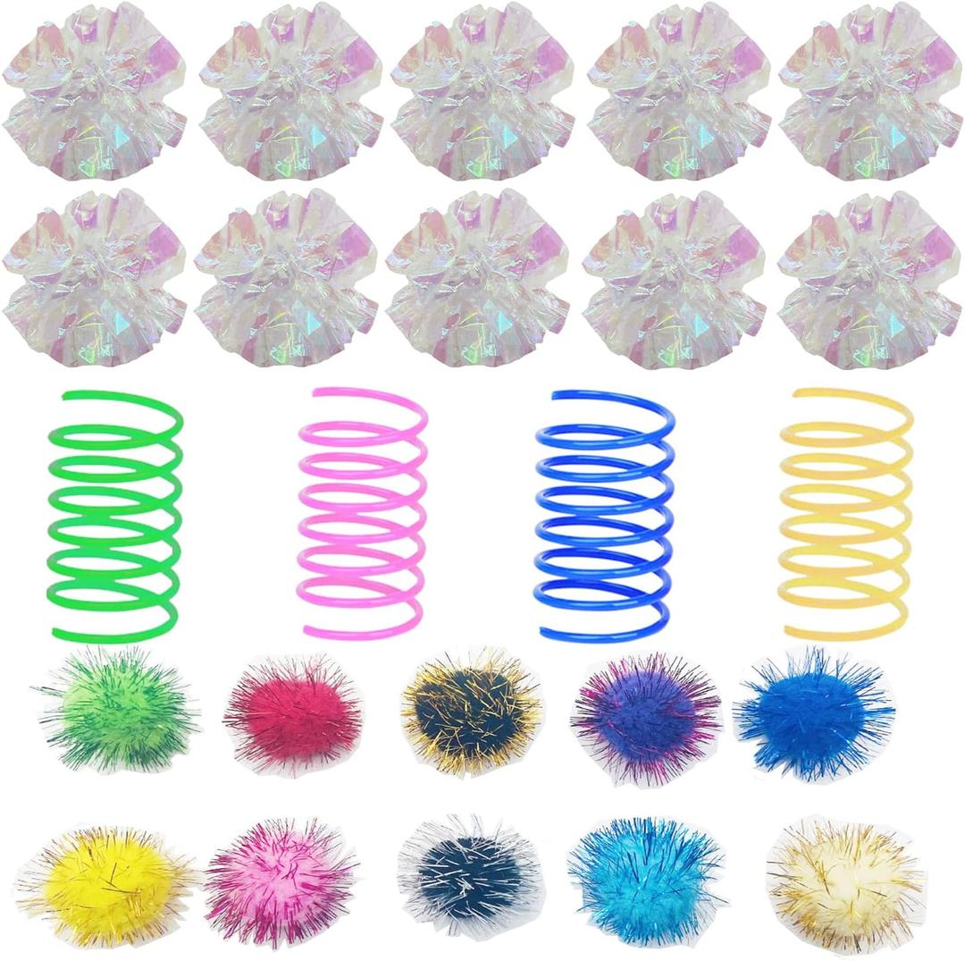 32 Pcs Crinkle Balls Cat Toy and Cat Spring Toy, 12 Pcs Mylar Crinkle Ball, 10 Pcs Cat Spiral Spring, 10Pcs Sparkle Balls Tinsel poms, for Cats Kittens Playing Interacting