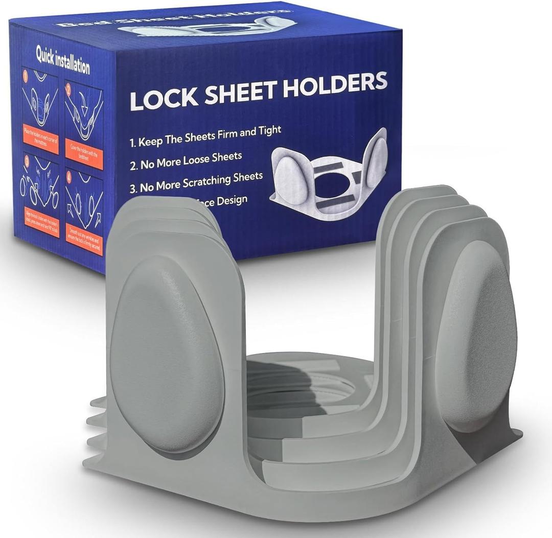 Bed Sheet Holders for Corners: 4 Pack Twist-Lock Clips Keep Sheets Tight Heavy-Duty Grippers Quick Install Fits All MattressesGrey