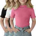 3 Pack Girls Shirts Short Sleeve Mock Turtleneck Cotton Cute Lettuce Trim Summer Tops 5-14Y Kids Clothes