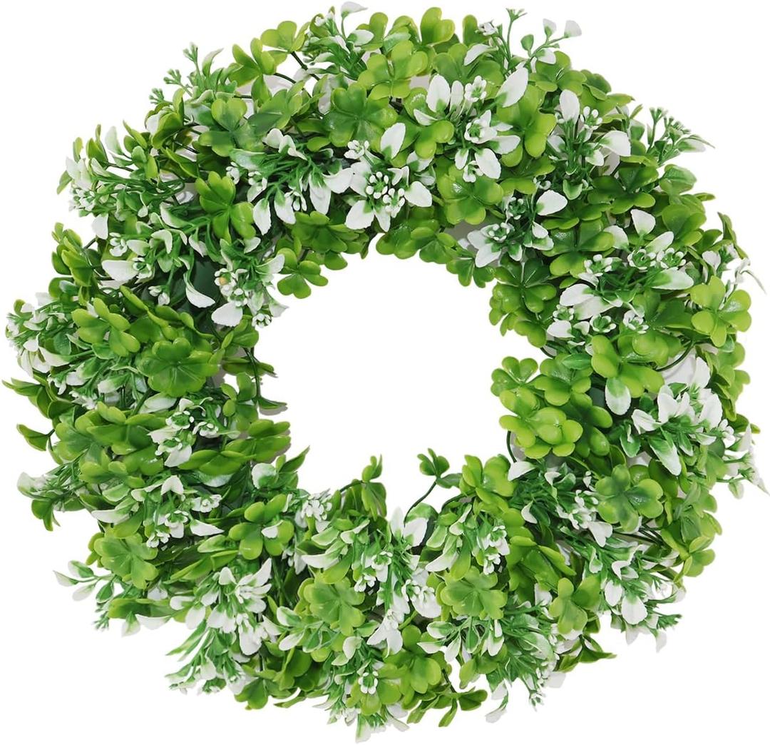 Small Mini St Patricks Day Wreath 16 Green Shamrock Clover Wreaths for Front Door with White Flowers, Small St. Patricks Day Spring Summer Door Decorations Indoor Outdoor