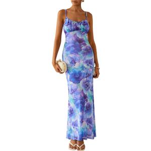 PRETTYGARDEN Women's Floral Bodycon Maxi Dress Summer Beach Sundress Sleeveless Spaghetti Strap Wedding Guest Dress (Purple, M)