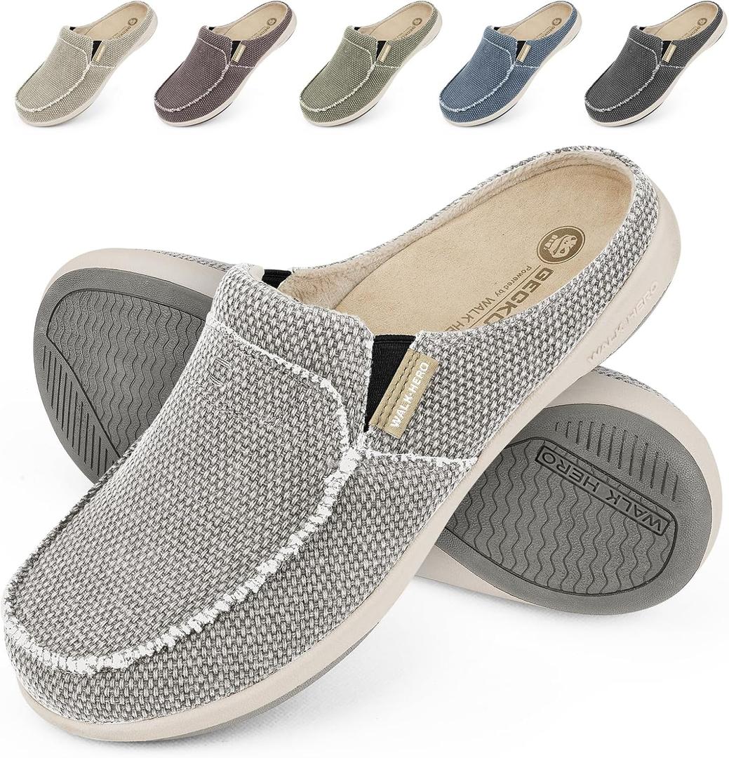 Mens Slippers with Arch Support, Canvas House Slipper for Men with Velvet Lining, Slip On Clog, Indoor Outdoor House Shoes with Anti-Skid Rubber Sole (10.5, Grey ( Built-in Suede Insoles ))