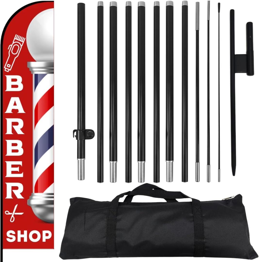 Barber Flag 15ft, Barber Flags for Outside, barbershop Pole Kit, Sign for Salon Business Advertising Outdoor, Eye Catching Open Feather Windless Banner, Complete Set