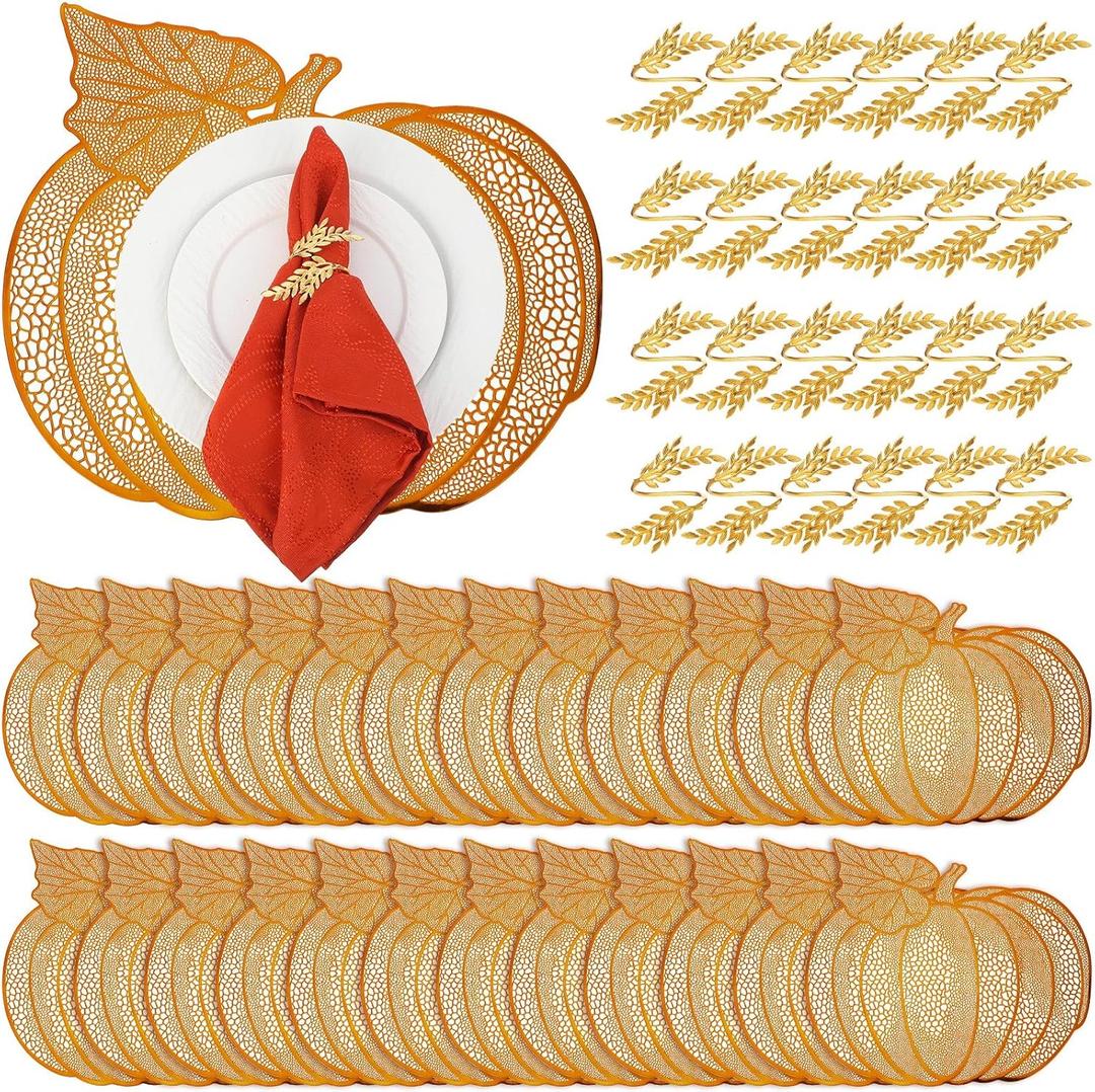 Mifoci Pumpkin Placemats Set of 24, Fall Napkin Rings Autumn Pumpkin Hollow Out Placemats for Dinner Table Decorations Holiday Thanksgiving Wedding Party