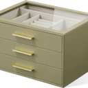 Jewelry Box Organizer Case for Women: 3-Layer Jewelry Storage Case with Glass Window, Olive Green Leather with Cream Velvet, Holder for Ring Necklace Bracelet Brooch Watch, Great Gift for Her