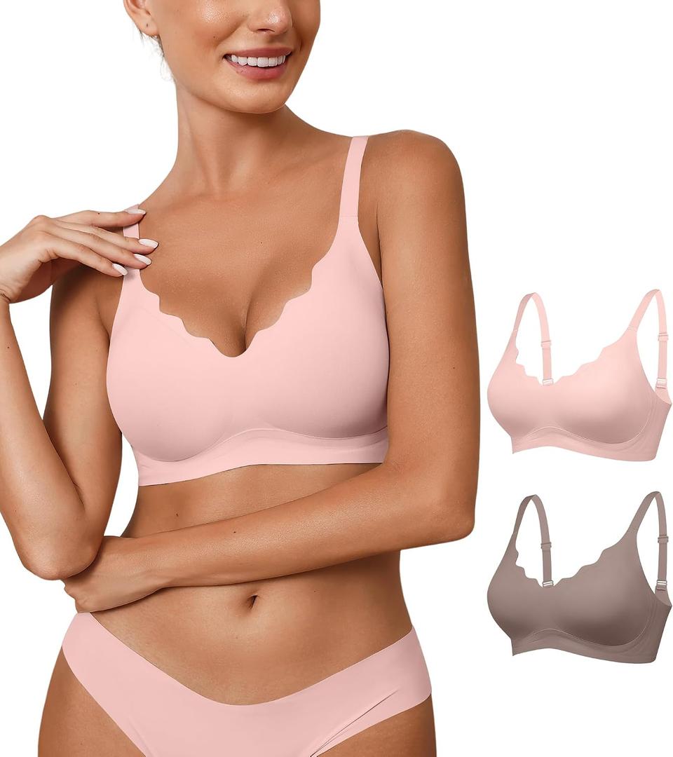 Womens Seamless Bras No Underwire Wireless Push Up Full Coverage Bra Scalloped V Neck T-Shirt Bra Comfort Bralettes(2P2, L)