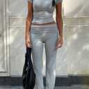 AYWA Women's 2 Piece Lounge Sets Short Sleeve Crop Top Foldover Flare Pants Casual Pajama Outfits (Gray, L)