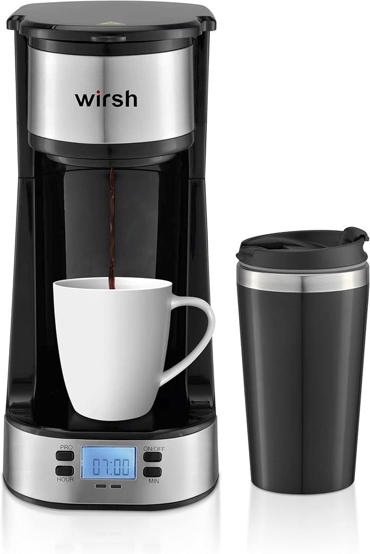 Wish Single Serve Coffee Maker- Small Coffee Maker with Programmable Timer and LCD display, Single Cup Coffee Maker with 14 oz.Travel Mug and Reusable Coffee Filter, NON-POD Coffee Maker, Black