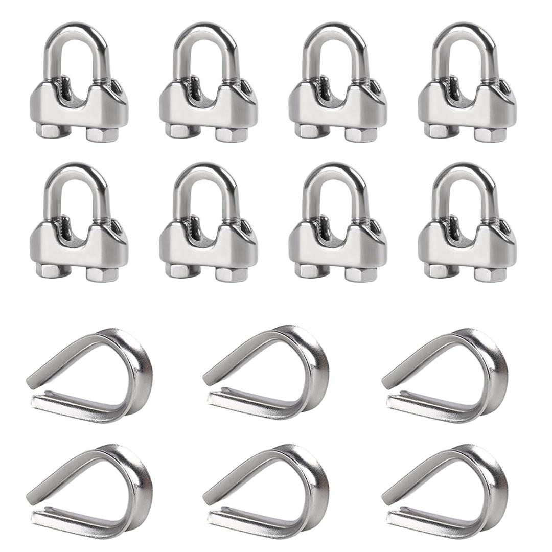 8Pcs 1/2" M12 Wire Rope Clamps 6Pcs M12 Wire Rope Thimble, 304 Stainless Steel Cable Clamps Kit for 1/2 inch Steel Cable Thimbles Rigging