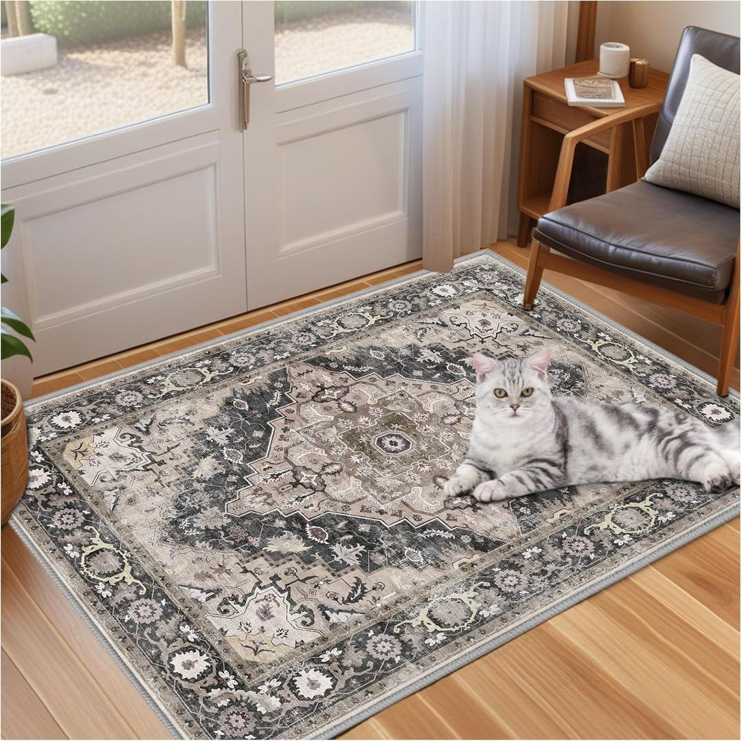 2'x3' Area Rug, Washable Door Mat Vintage Doormat,Boho Rugs Indoor Entrance Traditional Thin Floral Print Non Slip Carpet for Kitchen Bathroom Bedroom Living Room(Black-Purple Khaki)