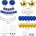 Blue and Gold Party Decorations - 50pcs Birthday Decor for Men Boy Kids with Happy Birthday Banner, Balloons, Hanging Swirls, Pom Poms, Lantern, Garland Party Supplies