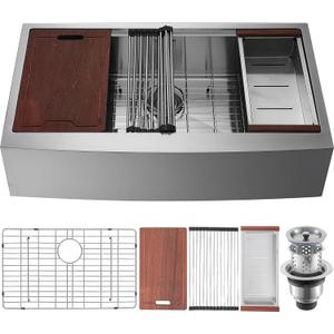 VEVOR 33 inch Farmhouse Kitchen Sink, 304 Stainless Steel Sink, Top Mount Single Bowl Kitchen Sinks with Ledge & Accessories, Household Dishwasher Sinks for Farm, Prep Kitchen, Garage and Bar Sink