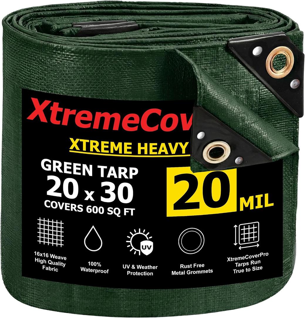20' x 30' Green Tarp - 20mil | Heavy Duty & Waterproof | UV Protection + Brass Grommets Reinforced Corners Outdoor Storage 20x30 ft Rain Camping Tent Greenhouse roof Leak Ground Cover Leakproof Shed