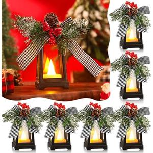 Set of 6 Christmas Mini Decorative Lanterns with Flickering LED Flameless Candle Hanging Lantern Decoration Bulk with Buffalo Plaid Bow Battery Included for Xmas Party (Black and White Bow)