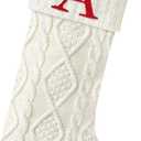 Senneny Christmas Stockings with Initials, 20” Large Embroidered Monogram Knitted Stockings for Family, Kids, Xmas Holiday Party Gifts & Decoration for Fireplace, White, Letter A
