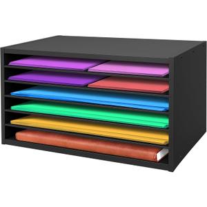 PROLEE Construction Paper Organizer 20" x 13.5" x12.2",Soild Wooden Paper Organizer with 6-Tier Letter Trays, Desktop File Papers Sorter for Home, Classroom and Office (Black)