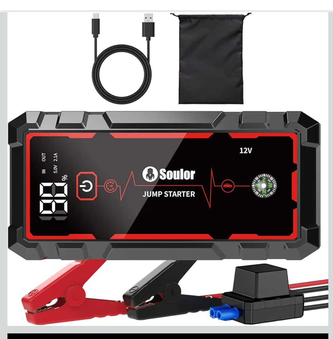 Soulor
5000A Jump Starter Car Battery Jumper Starter Portable with Jumper Cable, Quick Charge Power Bank, 3 Modes Flashlight, Compass