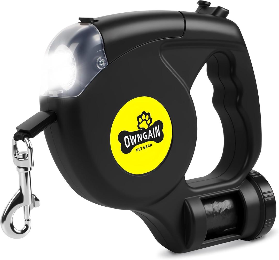 Retractable Dog Leash with Flashlight for Night Walks - 16FT Retractable Leash with Comfort Grip and Integrated Waste Bag Dispenser for Cats,Medium,Large,Small Dogs(Black-Large)