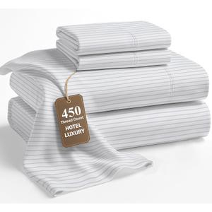 LANE LINEN 100% Cotton Sheets Queen Size – 450 Thread Count Ultra Soft Sheet Set, Durable Bedding for Daily Use, Luxury Sateen Finish, Snug Fit 15" Deep Pocket Fitted Sheet – Tickling Stripe