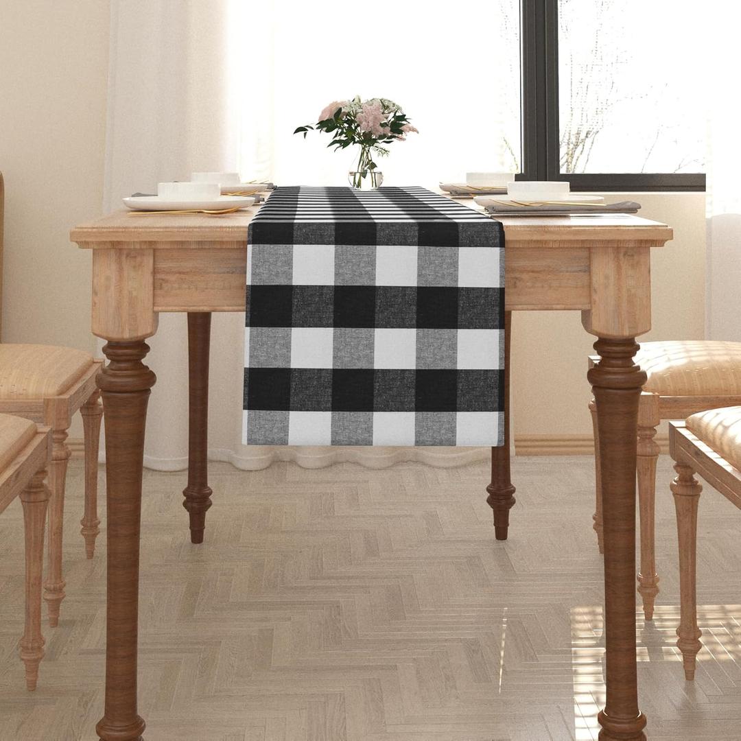 Black & White Buffalo Check Farmhouse Cotton Blended Table Runner for Family Dinners or Gatherings, Indoor or Outdoor Parties, Everyday Use 12" x 48"