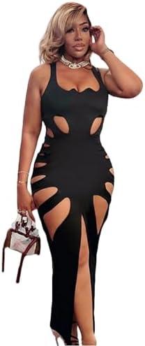 Women's Sleeveless Hollow Out Maxi Dress Sexy Low Cut High Slit Bodycon Long Dress Party Club Dress S Black