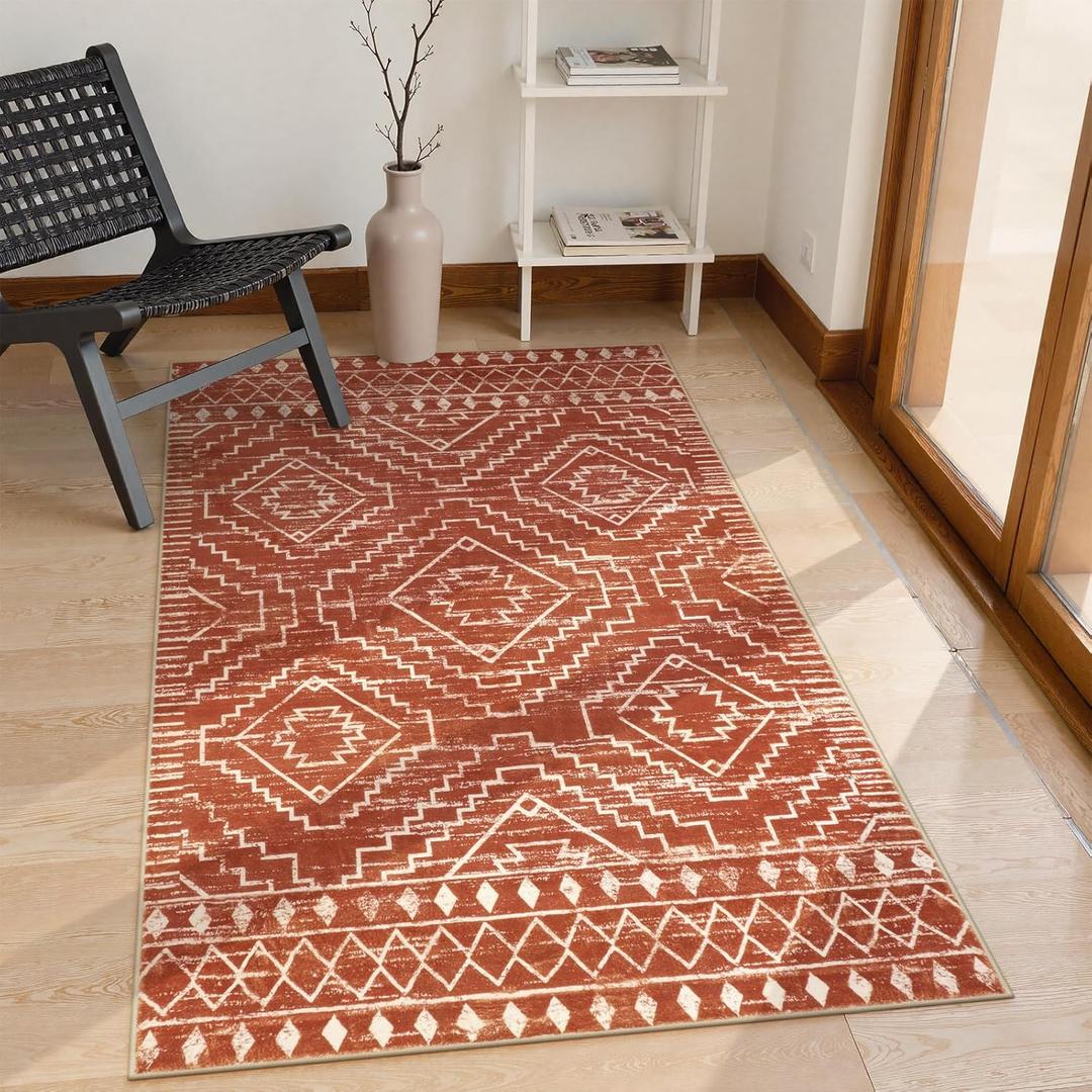 Wonnitar Moroccan Washable Area Rug, 3x5 Non-Slip Rugs for Living Room, Geometric Tribal Kitchen Entry Throw Mat, Soft Low Pile Non-Shedding Carpet for Bedroom Apartment Dorm (Brown,3'x5')