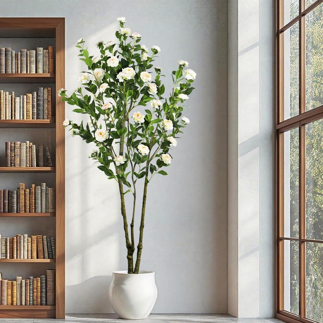 6.89ft Faux Camellia Tree, Handmade Artificial Floral Camellia Tree, Fake Pink White Blooming Flowers Green Leaves, Artificial Plants for Home Front Door Decor Indoor Outdoor Party Wedding