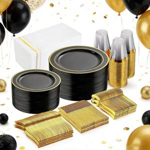 GATHER 350PCS Black Plastic Plates - Black and Gold Disposable Dinnerware Set Include 100 Plates, 150 Gold Silverware, 50 Napkins, 50 Cups for Party & Wedding & Birthday & New Year