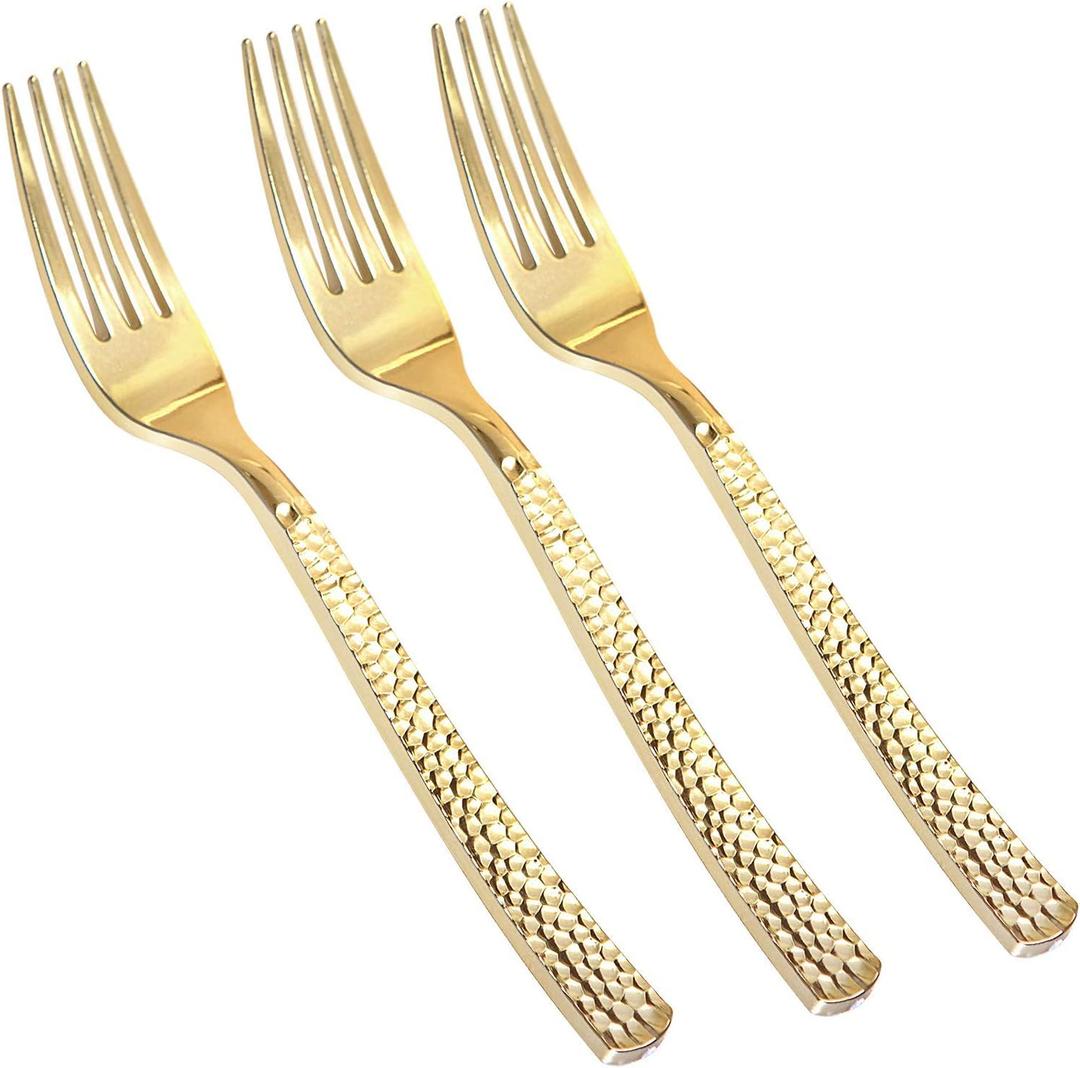 Supernal 300pcs Gold Plastic Forks,Disposable Hammered Forks,Premium Heavyweight Silverware Polished,Perfect for Big Party,Christmas Party Silverware