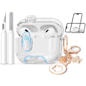 (with Lock) Clear Case Compatible for Cute Apple Airpods Pro 1/2 Cases Women, TPU Transparency Air pods Pro 1st 2nd Generation Earbuds Case Bling Keychain for Airpod iPod Pro2/1