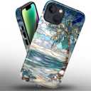 Case for iPhone 13 iPhone 14, Hybrid Heavy Duty 2 in 1,PC Hard Shell & Silicone Inner Bumper, Anti-Scratch Full-Body Cover Shockproof Slim Design Case - Beach Palm Tree
