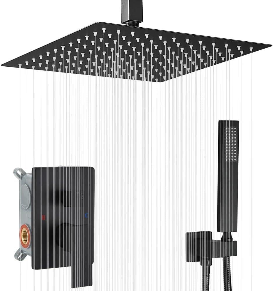 12 Inch Ceiling Mount Matte Black Shower System Bathroom Luxury Rain Mixer Shower Combo Set Ceiling Rainfall Shower Head System (Contain Shower Faucet Rough-in Valve Body and Trim Kit)