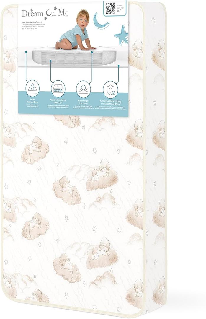 Dream On Me 3 inch Spring Coil Portable Crib Mattress | Greenguard Gold Certified, Brown clouds